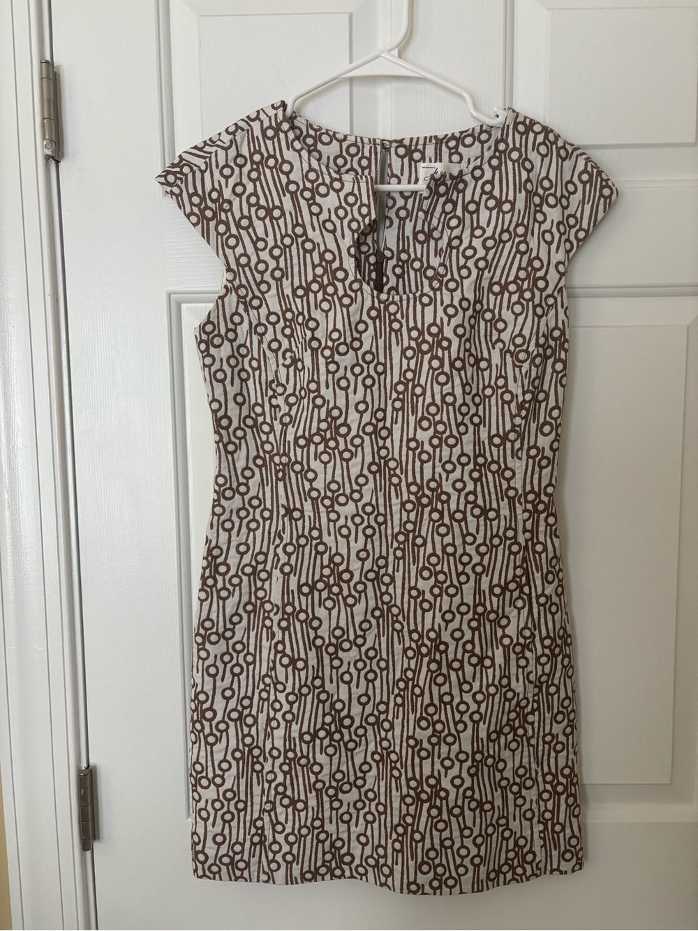 Milly Cream and Brown Geometric Cap-Sleeve Shift Dress Size 4